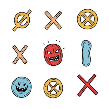 Set of nine hand-drawn doodle icons representing swearing and censorship, including angry faces, wooden X marks, red crosses, and yellow prohibited symbols on a white background.