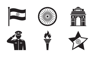 Fototapeta premium Six black silhouette icons representing Indian national symbols including the flag and India Gate