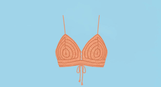 Handmade peach crochet bralette bikini top with triangular cups and spiral stitch pattern, featuring adjustable thin straps and a drawstring front tie on a light blue background.