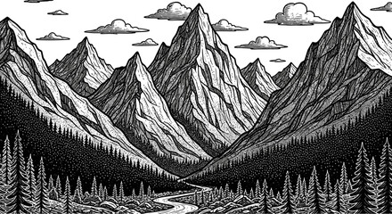 Black and White Mountain Landscape Ink Illustration © kiki__