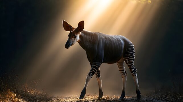 Okapi Stepping Into Sunlit Clearing from Dense Congo Rainforest