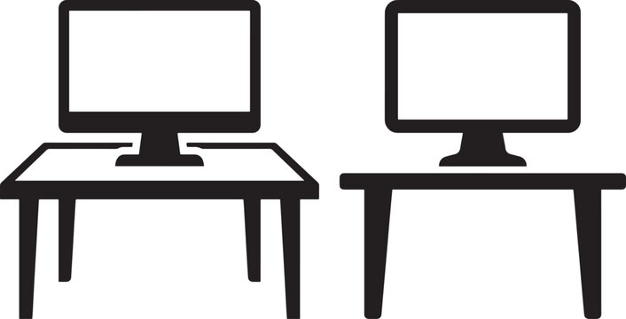 Computer monitor on desk silhouette icon set for home office and technology design with computer silhouette workstation technology