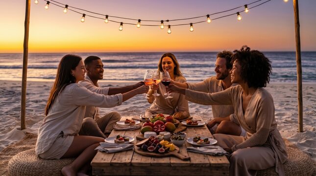 Group of friends toasting with wine glasses at beach dinner during sunset, summer vacation lifestyle concept