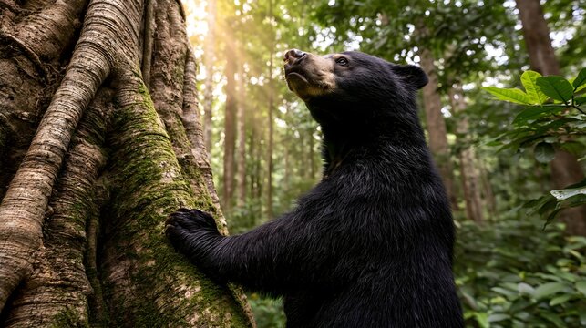 Sun Bear Standing Upright Against Strangler Fig in Bornean Rainforest