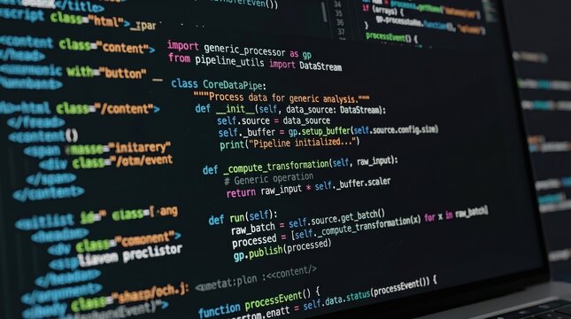 Closeup of programming code on laptop screen showing Python data pipeline class definition, software development, backend engineering, data processing, algorithm implementation