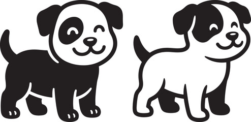 Fototapeta premium Two cute puppy dog character variations as black silhouettes isolated on white background with character silhouette isolated