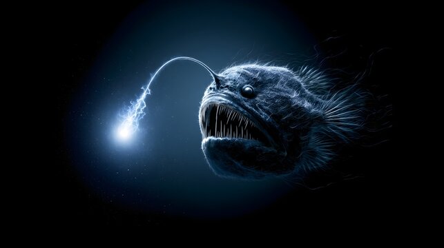 Deep Sea Anglerfish Ascending Through Midnight Ocean with Bioluminescent Lure