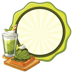 Matcha Green Tea Dessert Set with Waffle and Blank Circular Frame © GraphicsRF