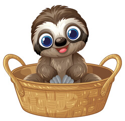 Fototapeta premium Cute Baby Sloth Sitting Inside a Woven Wicker Basket Illustration