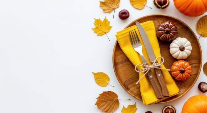 Autumn table setting with pumpkins and leaves isolated on white background