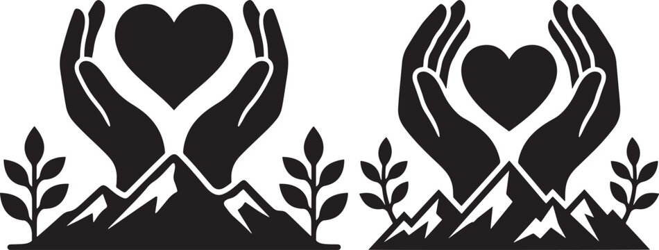Black silhouette vector illustration of hands holding a heart above mountains with plants on a white background mountains silhouette