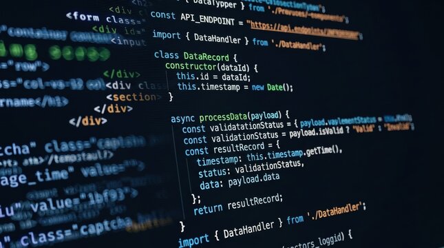 Close-up of computer screen displaying JavaScript source code. Software development, programming language, web design, coding syntax, debugging, script writing