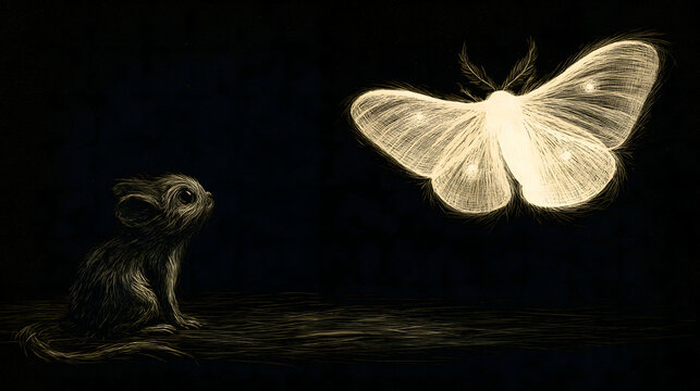 A small fantasy creature looking up at a large glowing moth in the dark, whimsical etching style illustration