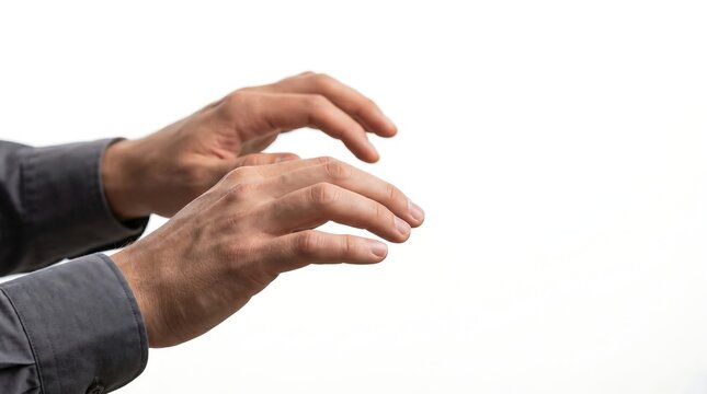 Close up of male hands in a grey shirt typing on an invisible keyboard or interacting with a virtual screen against a white background.