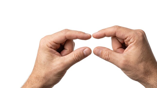 Two male hands holding fingers close together to measure a tiny invisible object isolated on white