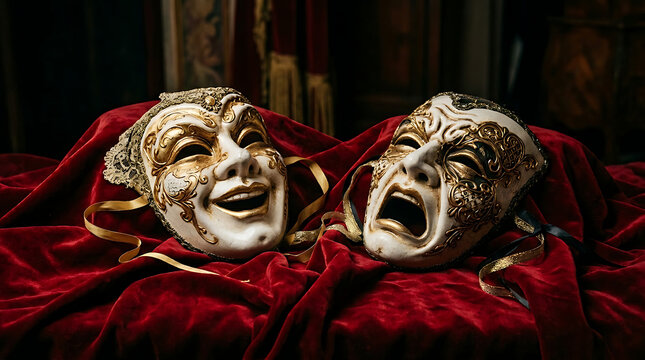 Two comedy tragedy masks lie on red velvet in a dimly lit theater