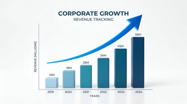 Corporate growth revenue tracking business bar chart with blue upward arrow showing financial profit trends and annual statistical data analysis