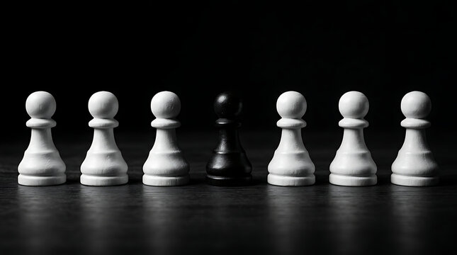 A single black pawn stands out among white pawns on a dark surface.