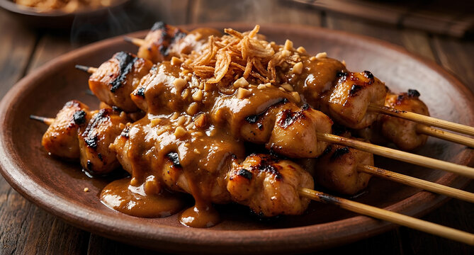An appetizing close-up of grilled chicken skewers (Sate Ayam) resting on a rustic earthenware plate. The skewers are heavily coated in a thick, rich peanut sauce and generously topped with crispy frie