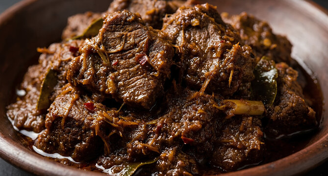 A macro shot of authentic Indonesian Beef Rendang served in a traditional clay bowl. The tender, slow-cooked chunks of beef are thickly coated in a dark, caramelized coconut curry paste, infused with 
