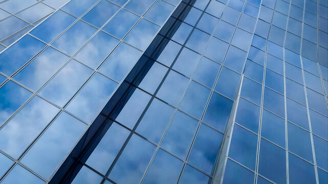Modern glass facade of business office building skyscraper with blue sky and white clouds reflection in Vienna Austria
