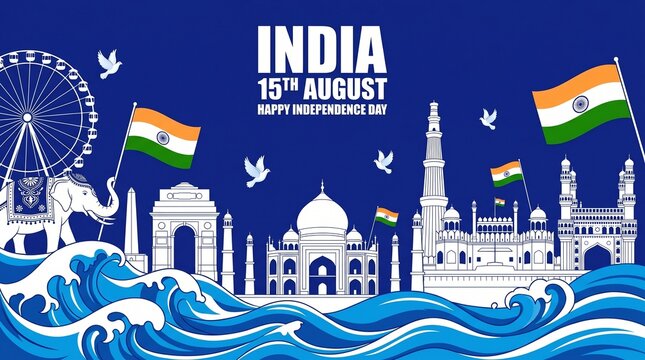 illustration of Famous Indian monument and Landmark for Happy Independence Day of India