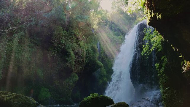 木漏れ日と光芒が降り注ぐ新緑の黄牛の滝 大分