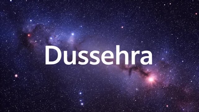 Dussehra festival text on a cosmic starry galaxy background with glowing nebulae and stars
