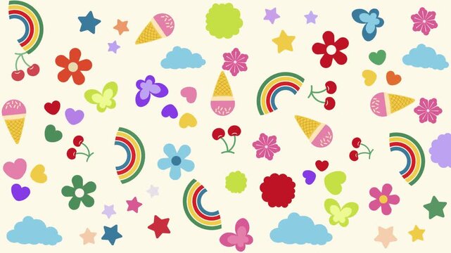 Cute colorful flat wiggling animation background with rainbows, flowers, ice cream cones, and stars. Retro kidcore aesthetic motion graphic screen. Vibrant Y2K style vector wiggling animation backdrop