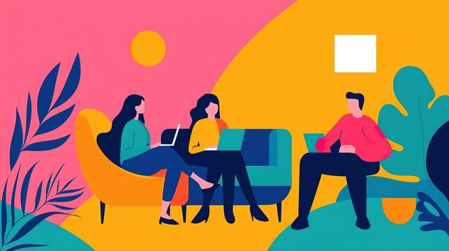 Collaborative work session in a modern coworking space bright interior digital art vibrant environment