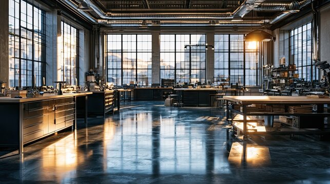 Sunset light beams through grid windows in an abandoned industrial warehouse, for industrial, vintage and dramatic scene design