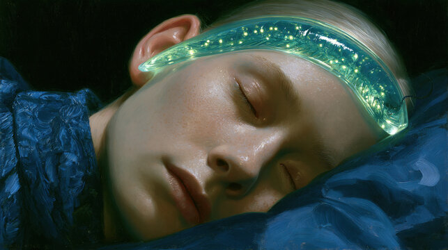 Dreamy surreal portrait of sleeping figure with iridescent temple relic