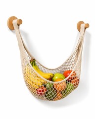 Obraz premium Minimal hanging fruit hammock setting for pet care routine on white background
