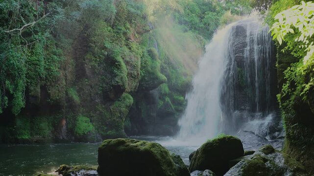 木漏れ日と光芒が降り注ぐ新緑の黄牛の滝 大分