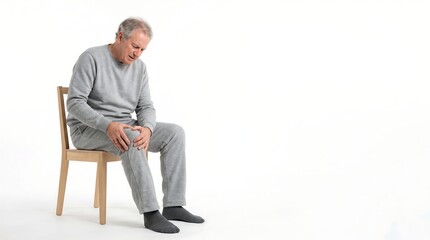 Fototapeta premium Senior man sitting on a wooden chair and clutching his knee in pain against a white background