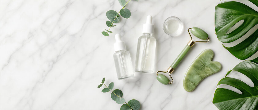 Professional skincare routine set with serum bottles, jade roller, and gua sha on marble background