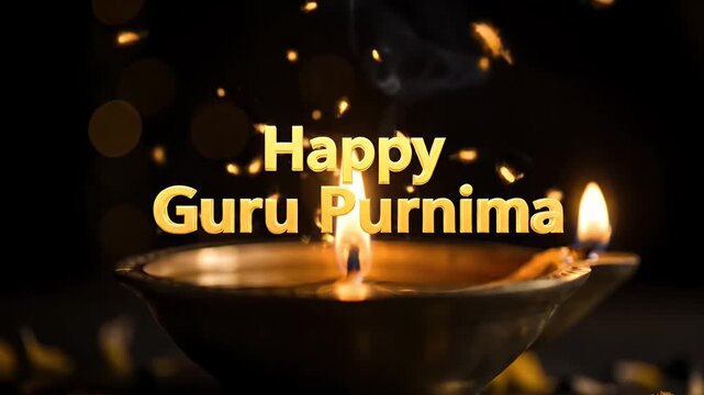 Happy Guru Purnima greeting with burning oil lamps and golden sparks on dark background
