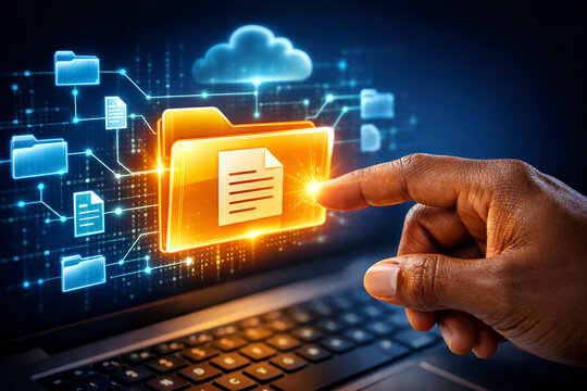 Digital cloud computing folder system is being accessed by a human finger on a laptop keyboard to illustrate global data management, cyber security, and virtual file storage technology.