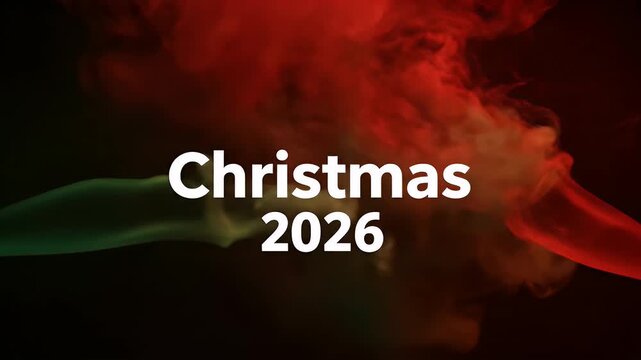 Christmas 2026 text with red and green smoke clouds swirling on dark black backdrop.
