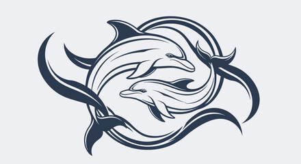 Stylized Two Dolphins Swimming in Circular Motion Emblem © kiki__