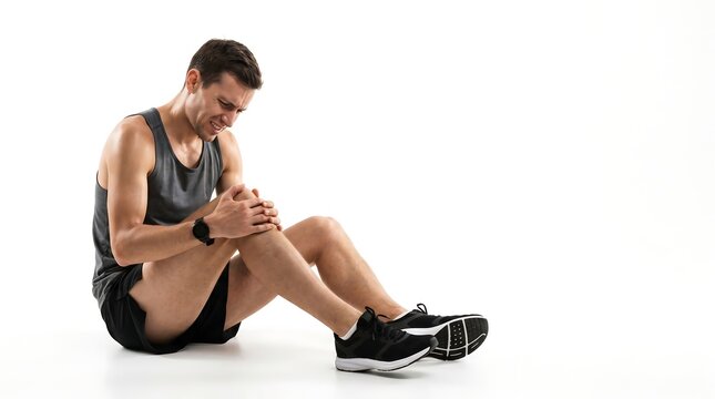 Young athletic man sitting on a white background and holding his injured knee in pain after exercise.