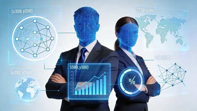 Business professionals with digital interface, artificial intelligence concept, data analysis, global network connection, financial growth chart, technology integration in