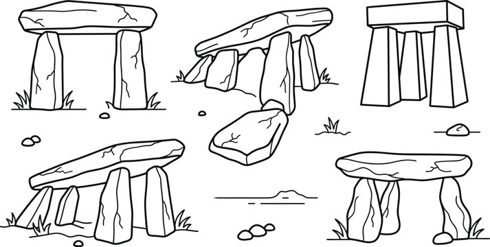 Ancient dolmen and megalithic monument line icon set with stonehenge structures prehistoric tomb archaeological vectors
