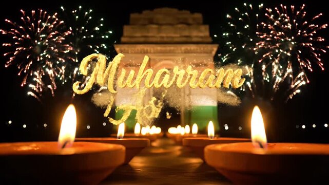 Muharram Ashura celebration at India Gate with oil lamps and fireworks at night time.