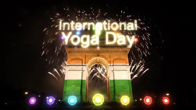 International Yoga Day celebration at India Gate with fireworks and chakra energy points