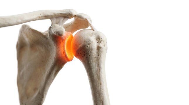 Highly detailed 3D medical illustration of a human shoulder joint showing internal anatomy with inflammation or pain represented by a glowing orange light.