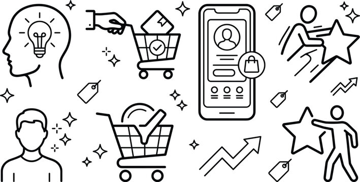 Consumer behavior and e commerce marketing line icon set with shopping cart smartphone and loyalty symbols