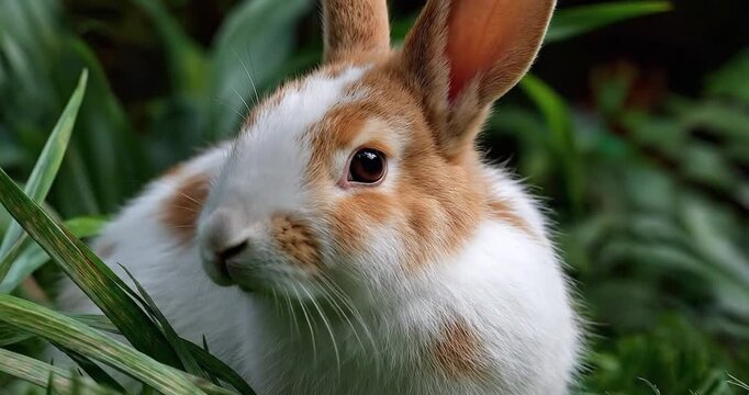 Brown and white rabbit sitting in green grass, close up shot of a small bunny in nature.