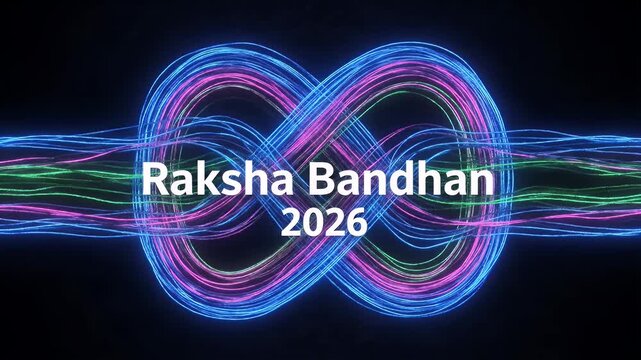 Raksha Bandhan 2026 text with glowing infinity neon fiber optic lines on black space