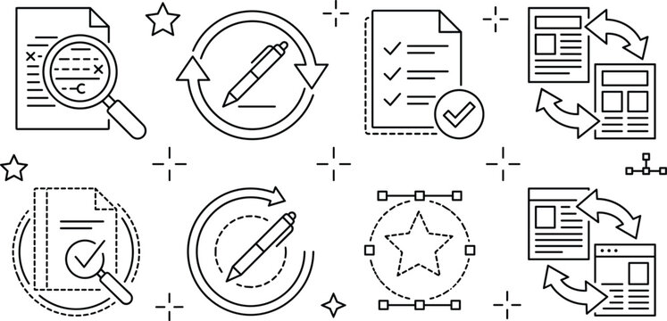 Document editing and proofreading line icon set with pen checklist vector modification and audit symbols
